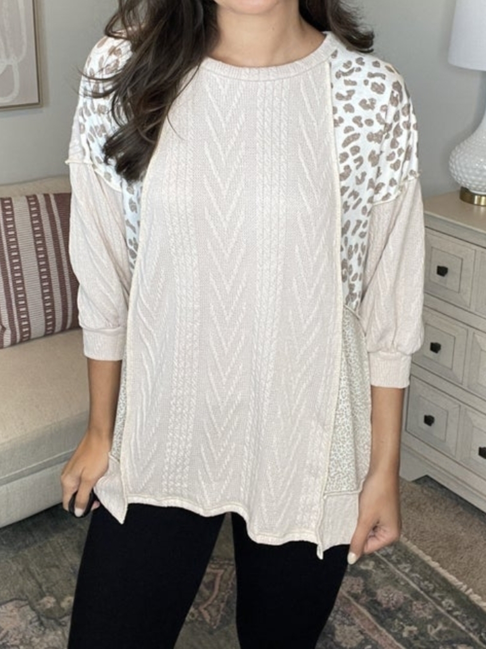 Lovely Melody Beige Leopard Contrast Knit Top Large